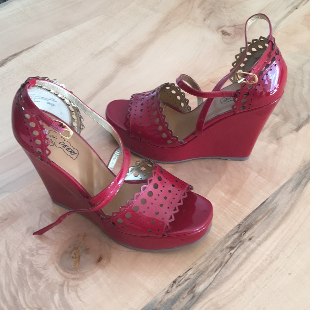 Oh Deer! Candy red platform heels with ankle strap